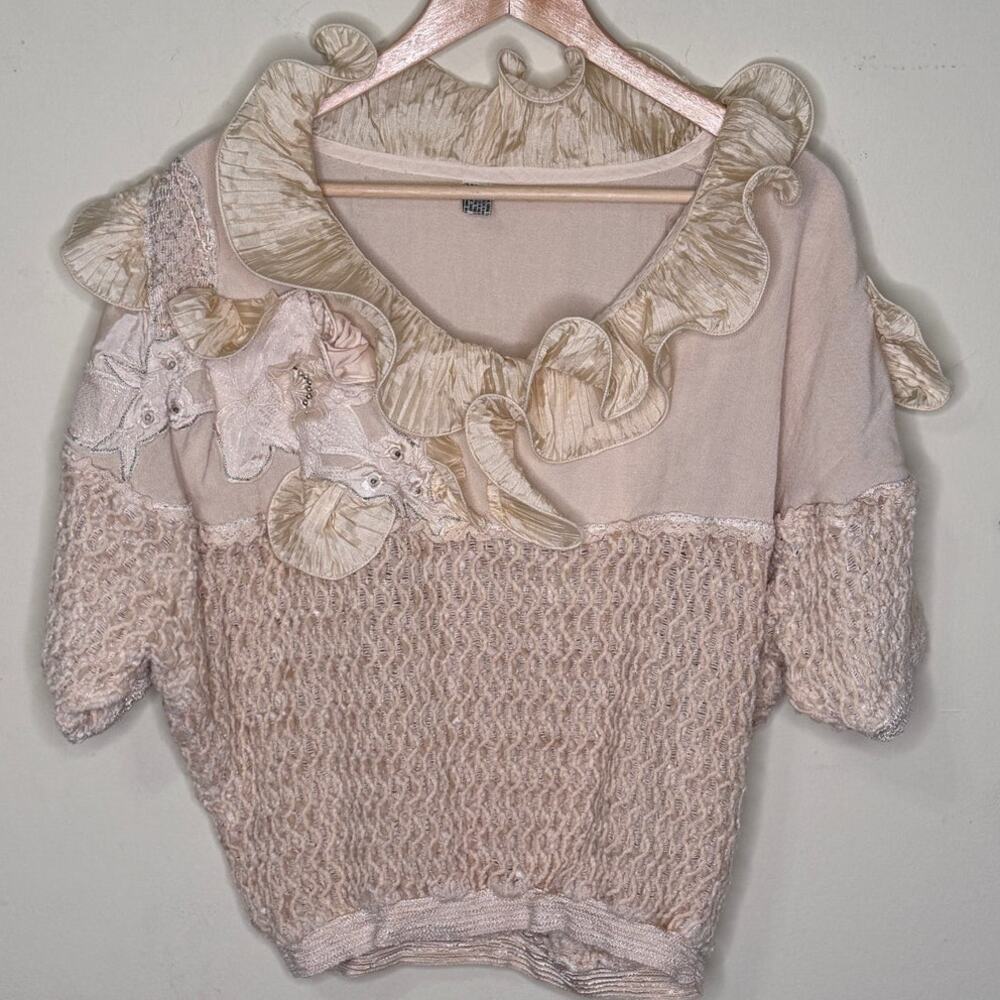 Vintage Light Pink/Ivory Knitted Top Loose Flounce No Size Tag - Picture 3 of 6